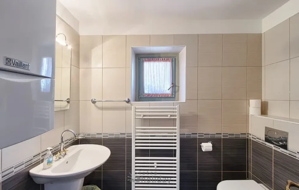 Modern bathroom with sink and towel rack.