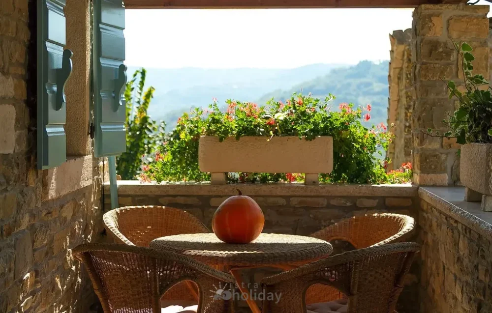 Sunny patio with pumpkins and mountain view.