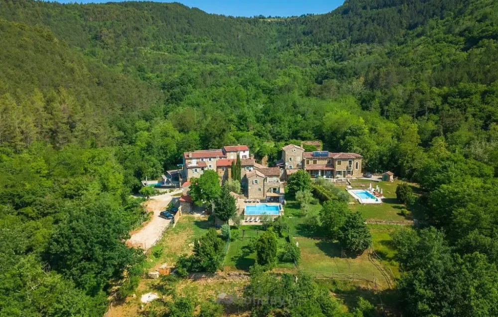 Aerial view of rustic villa amid lush greenery.