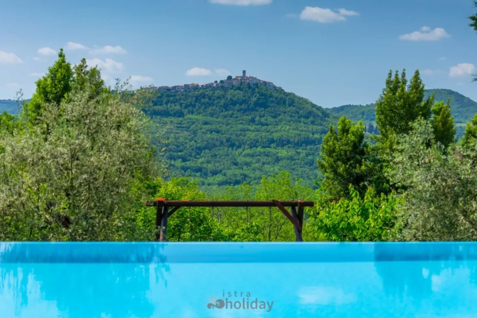 Scenic pool view with green hill panorama.