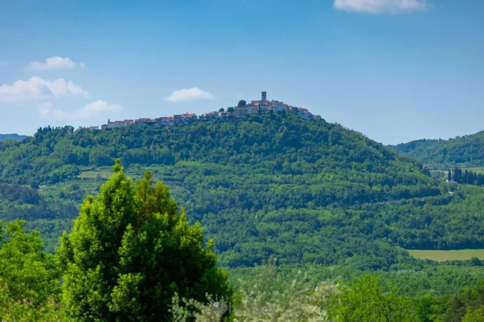 Scenic village on a lush green hilltop.