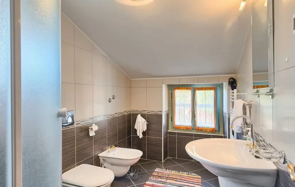 Modern bathroom with sink, bidet, and window.