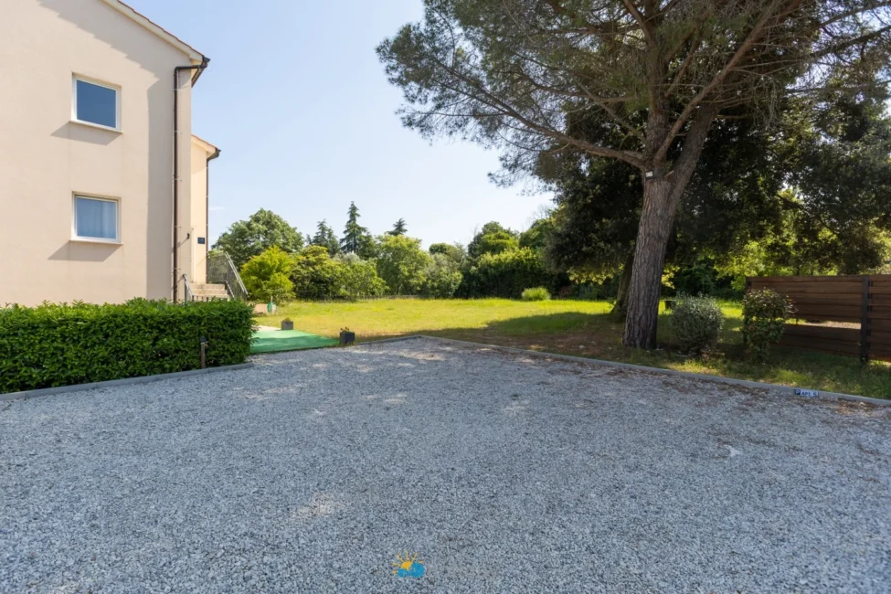 Gravel driveway beside house with lawn and tree