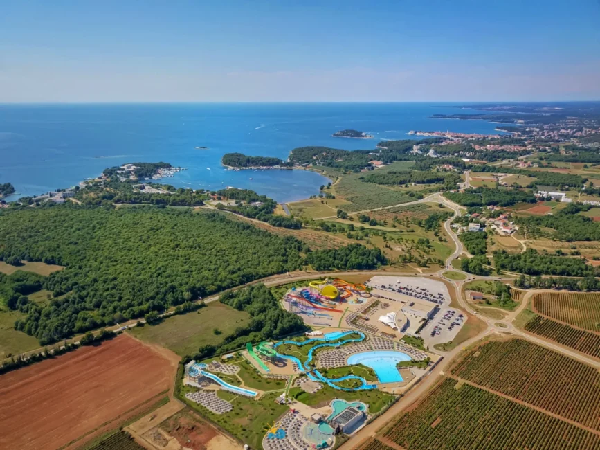Aerial view of coastal water park and farmland