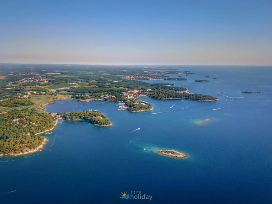 Aerial view of coastal islands and marina