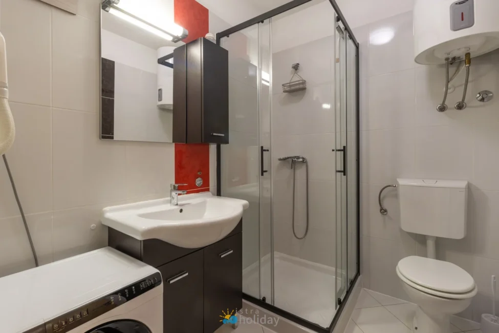 Modern bathroom with shower, sink, toilet, and washer