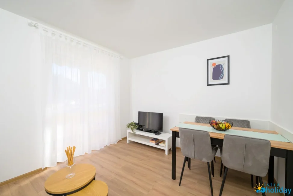 Minimalist living room with dining table and TV