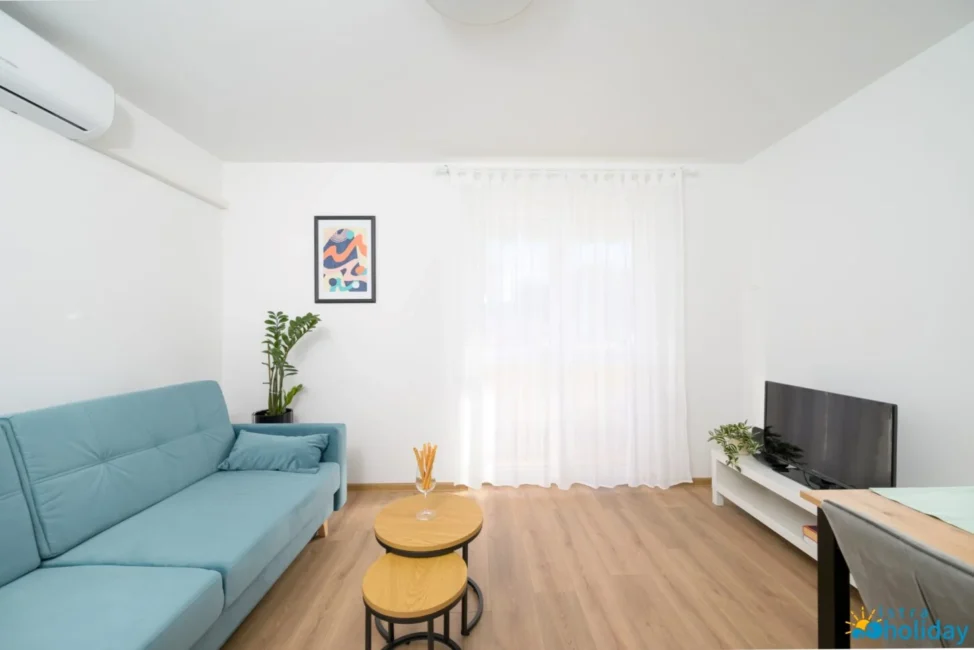 Modern living room with blue sofa and TV.