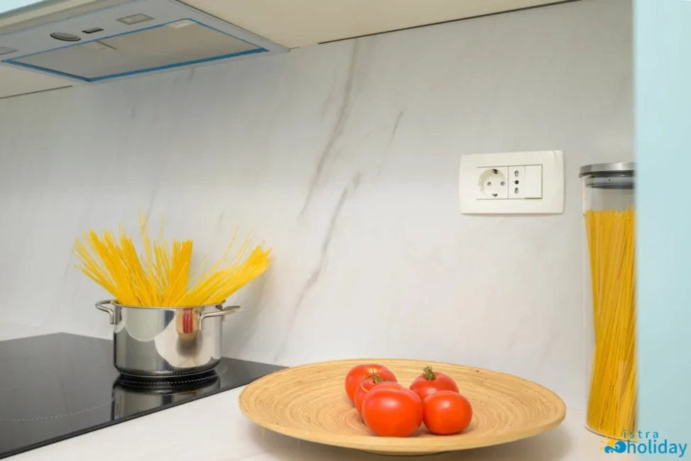 Spaghetti pot and tomatoes on modern kitchen counter.