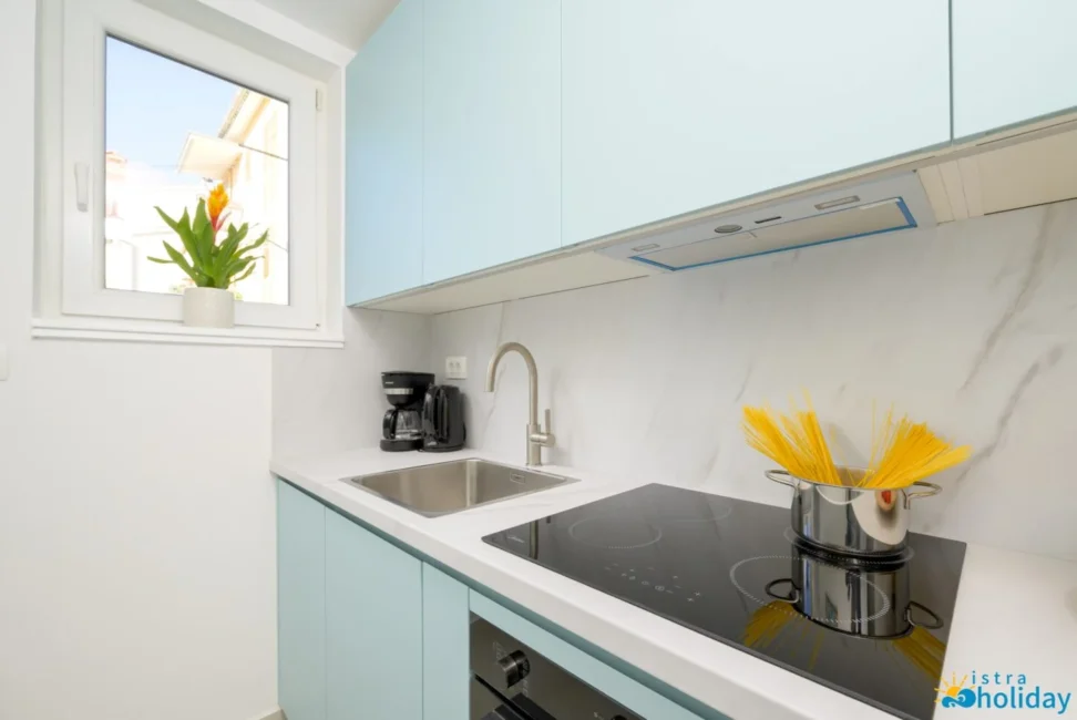 Modern kitchen with stovetop and spaghetti.