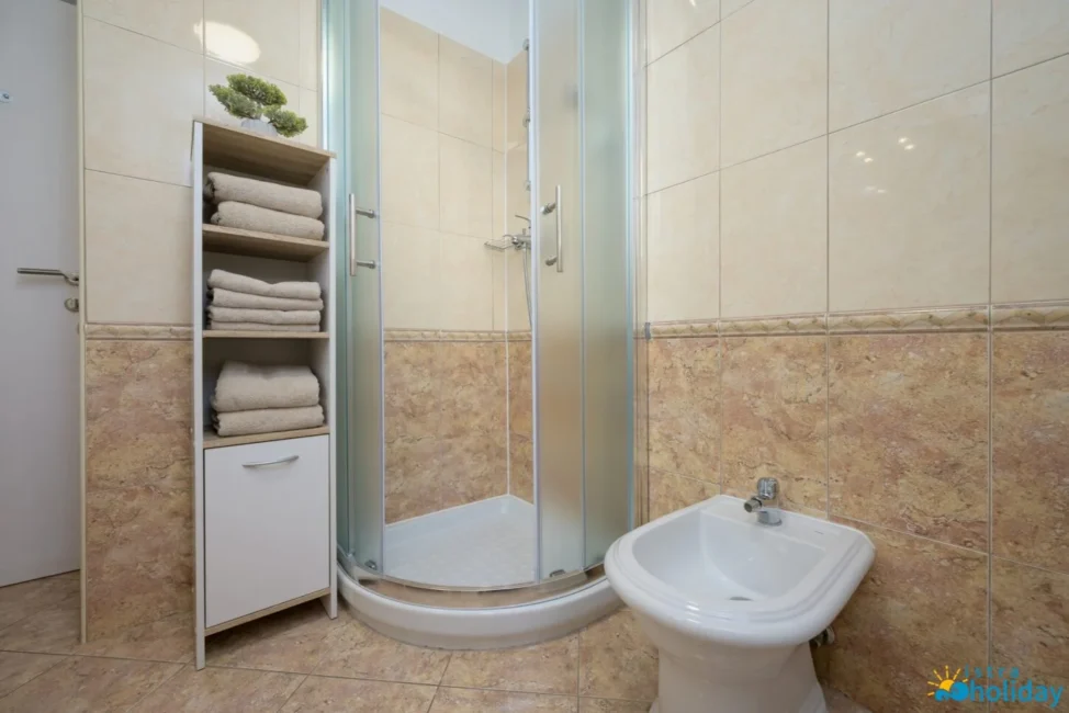 Modern bathroom with shower and bidet.