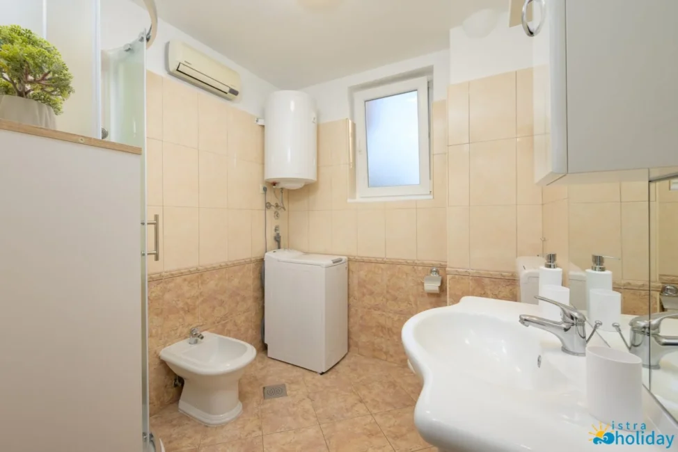 Modern bathroom with washing machine and bidet.