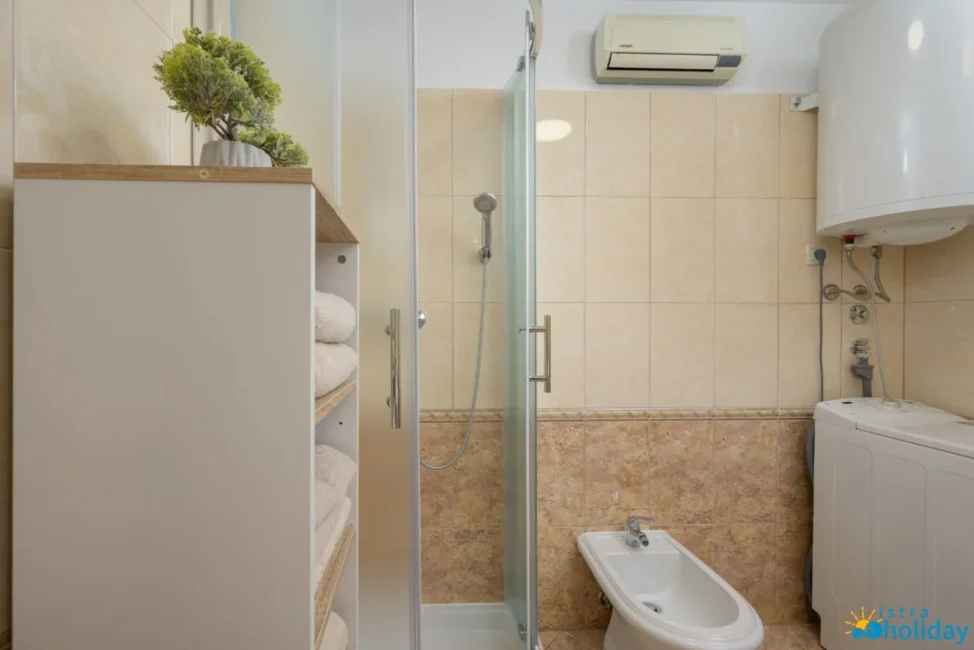 Modern bathroom with shower, bidet, and washing machine.