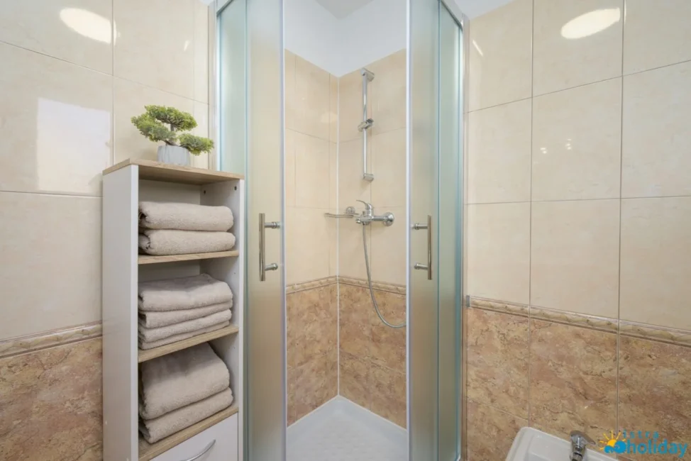 Modern bathroom with glass shower and towel shelf.