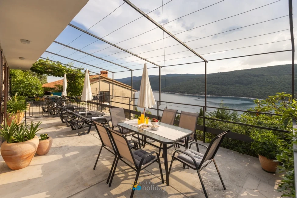 Lakeside terrace with dining table and loungers