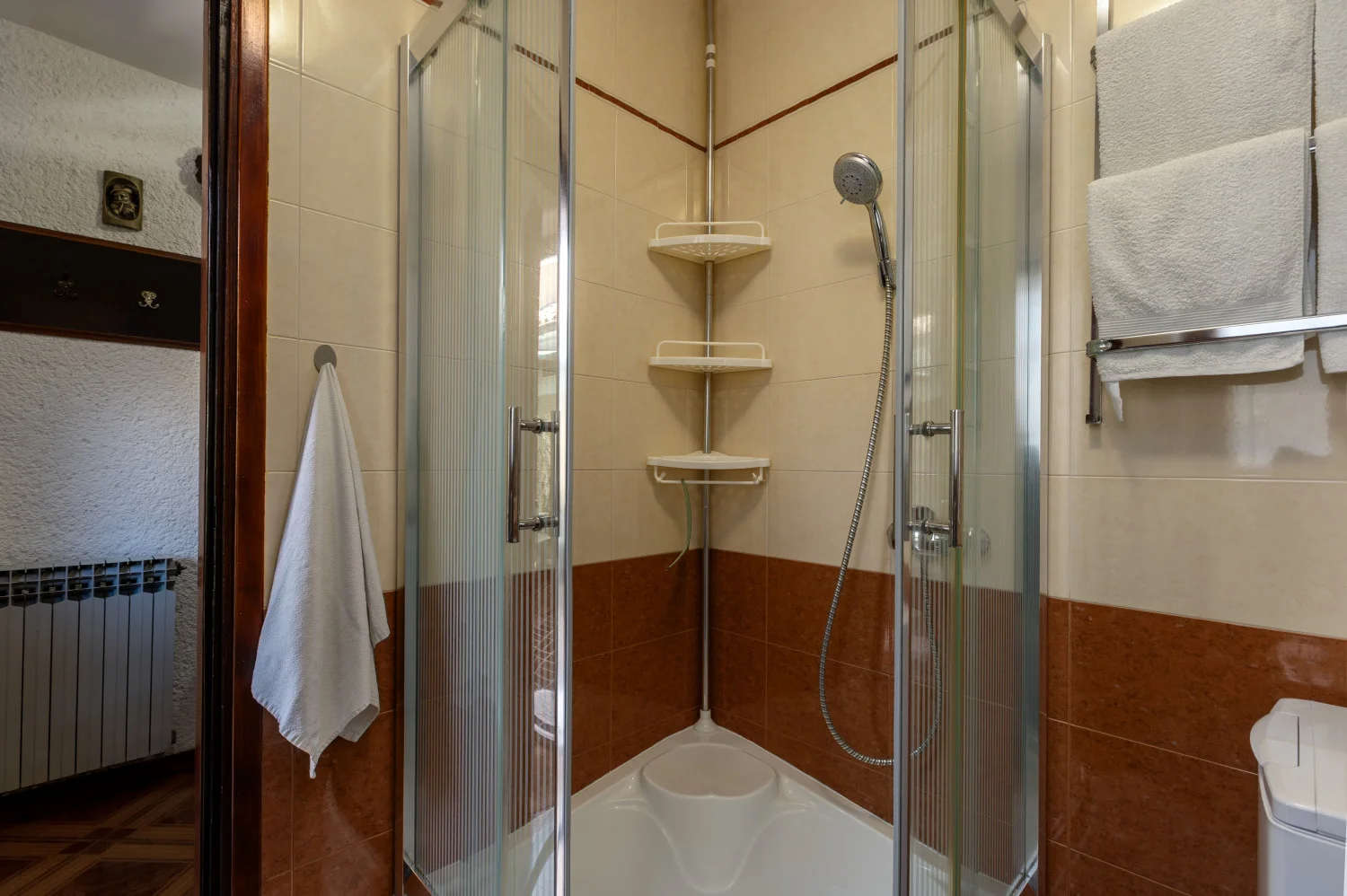 Corner shower with glass doors and tiled walls