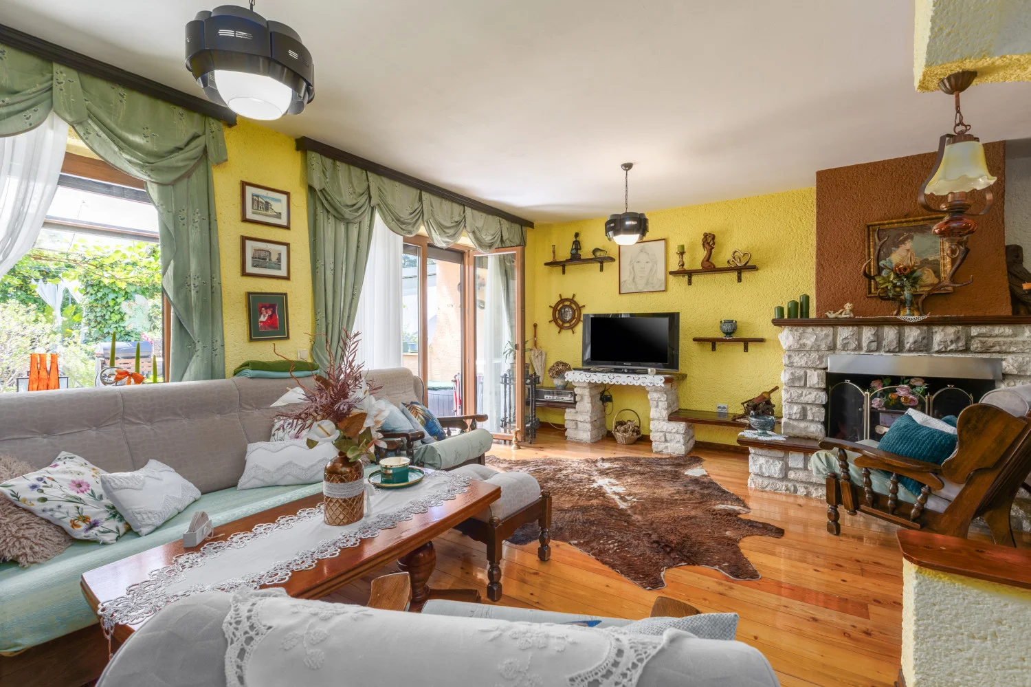 Cozy vintage living room with stone fireplace