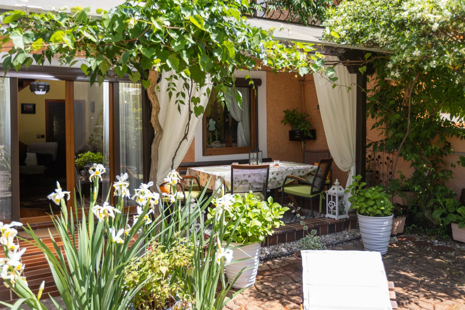Cozy garden patio with table and lush greenery
