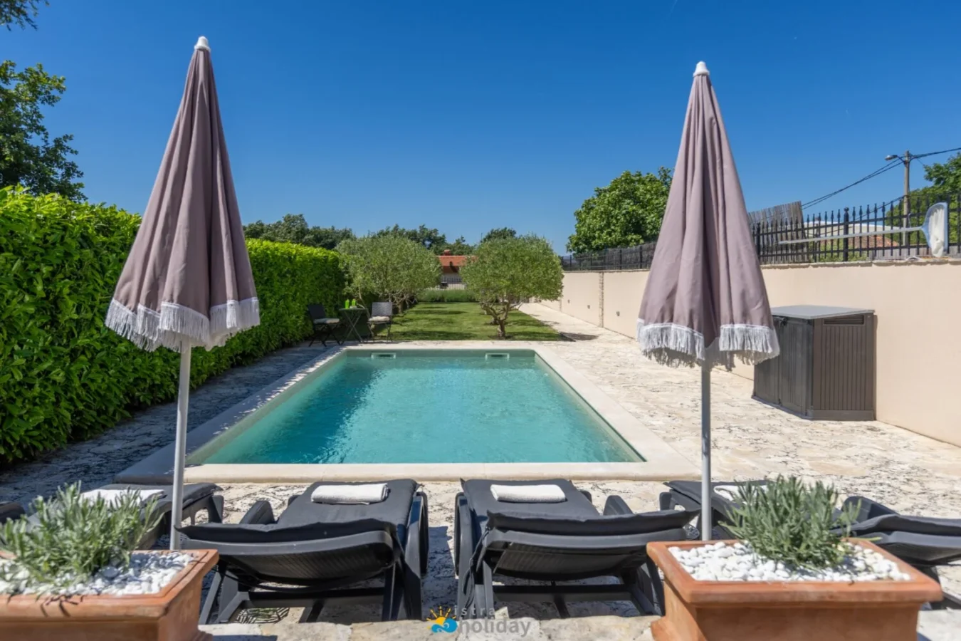 Private backyard pool with lounge chairs and umbrellas