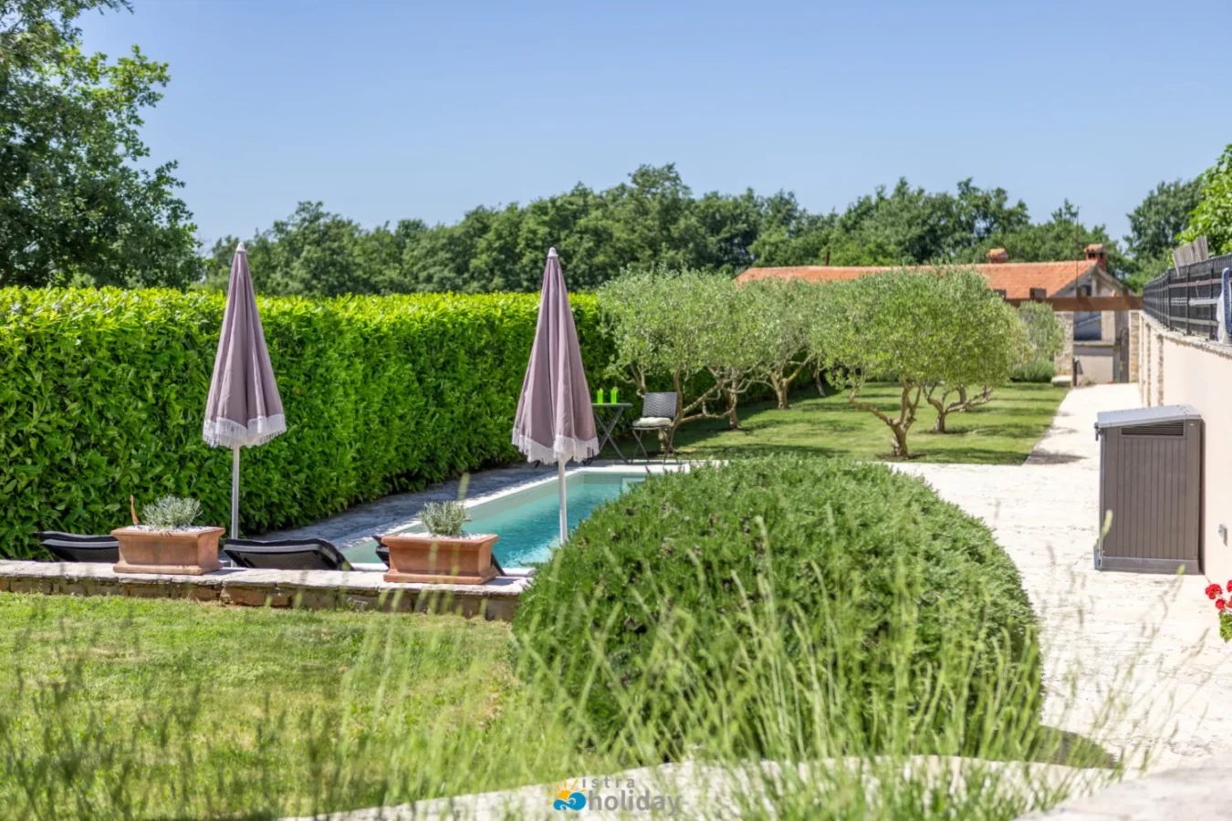 Private garden pool with loungers and umbrellas