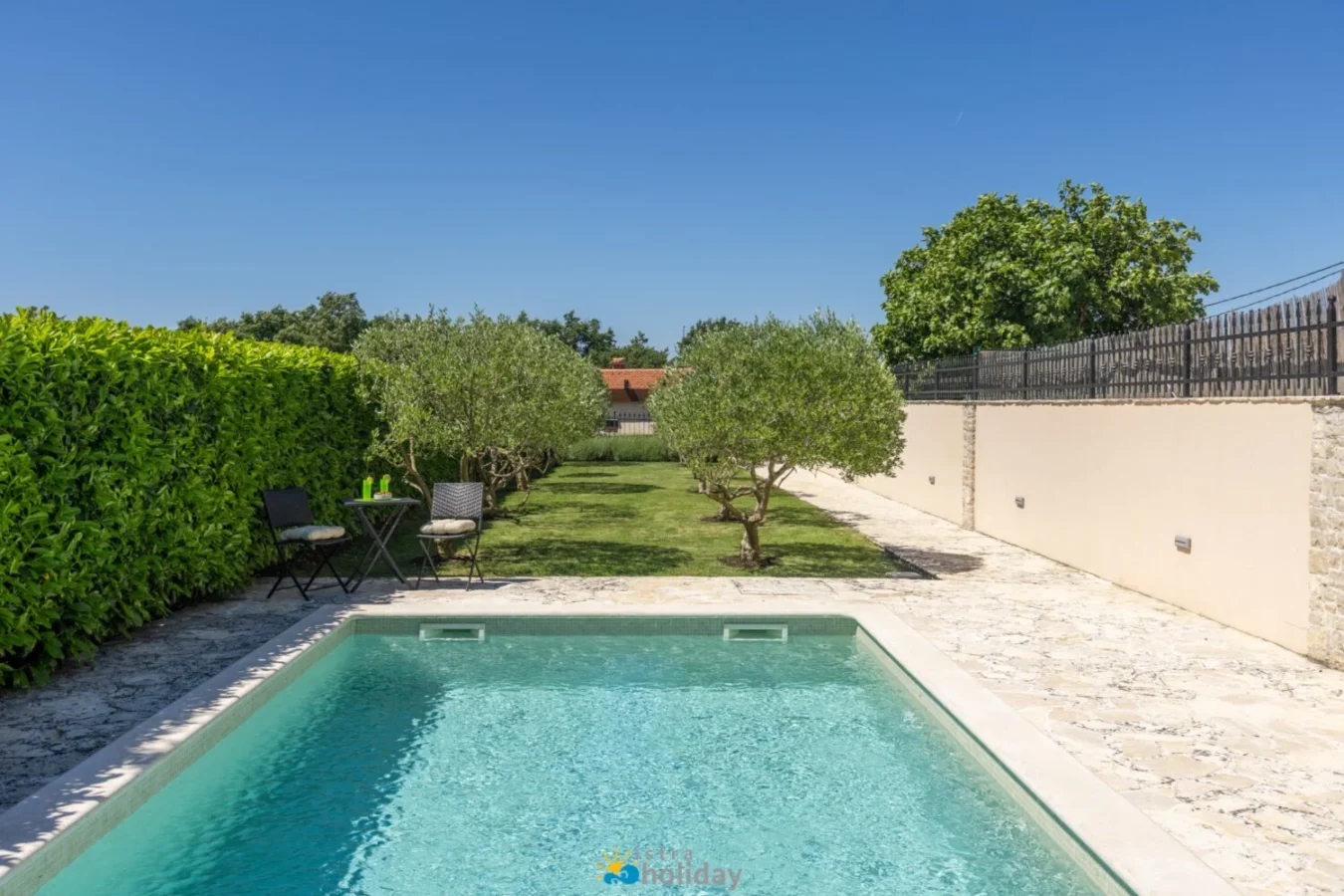 Private backyard pool with olive trees and patio