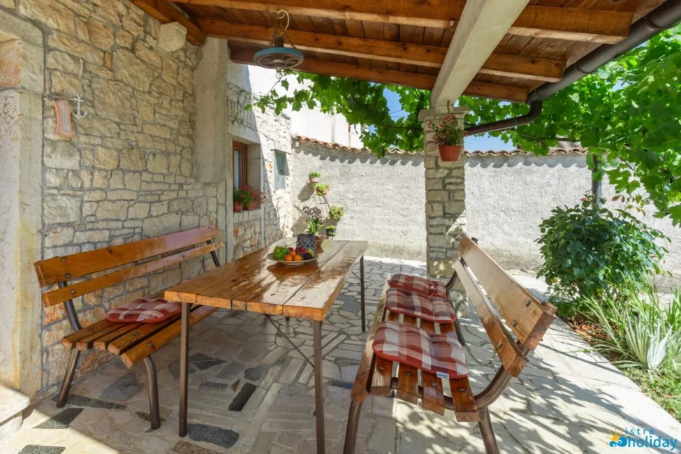 Charming patio with wooden table and benches.