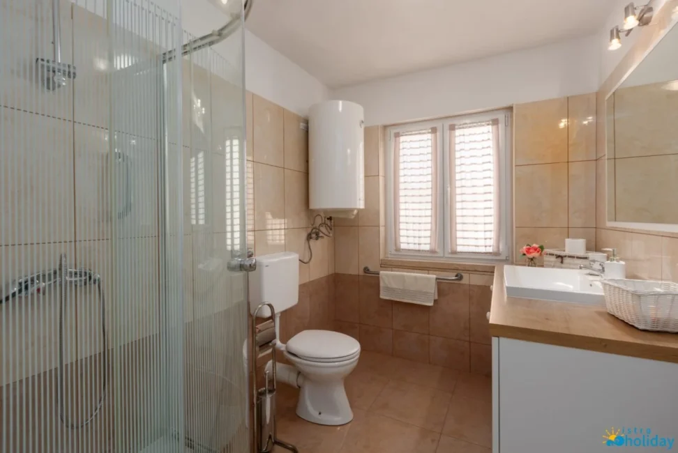 Modern bathroom with shower and wooden vanity.