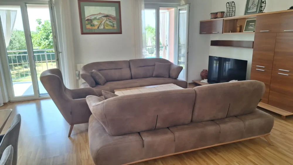 Modern living room with brown sofas and balcony