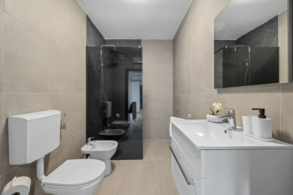 Modern bathroom with glass shower and vanity